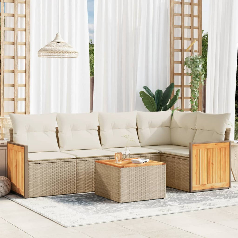 6-delige Loungeset met kussens poly rattan beige