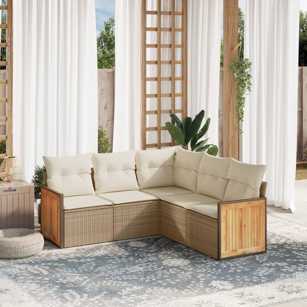 5-delige Loungeset met kussens poly rattan beige