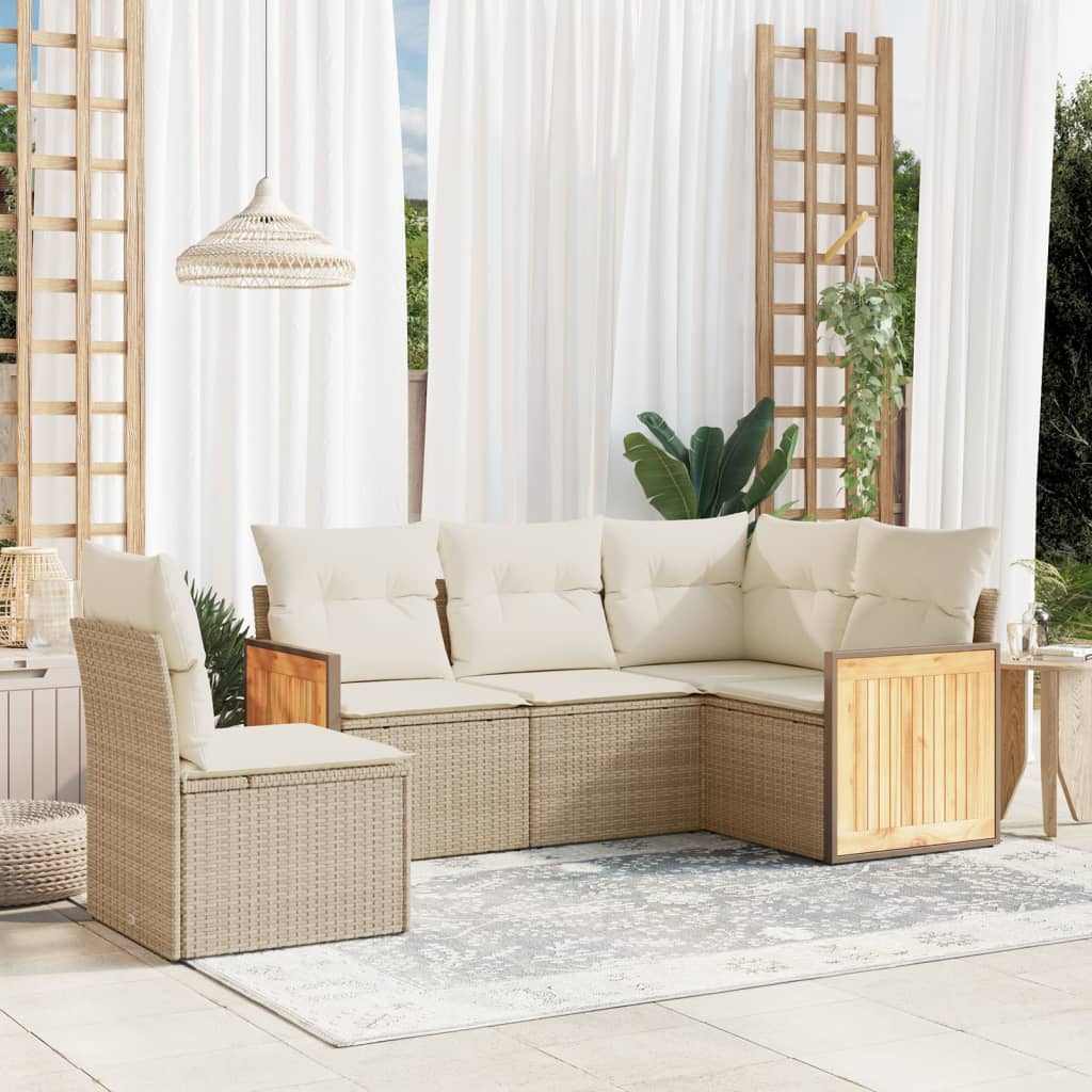 5-delige Loungeset met kussens poly rattan beige