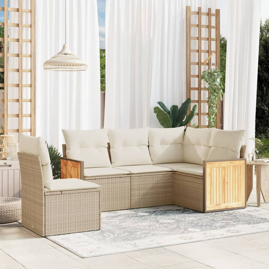 5-delige Loungeset met kussens poly rattan beige