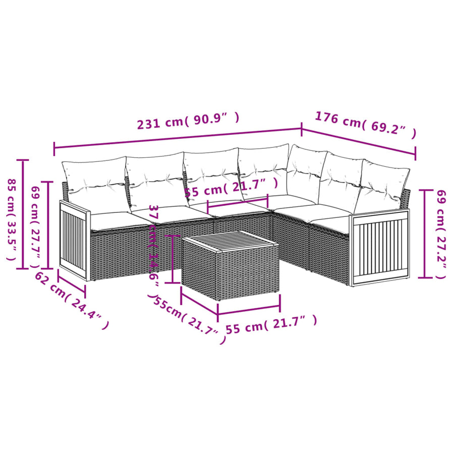 7-Delige Loungeset Met Kussens Poly Rattan Zwart