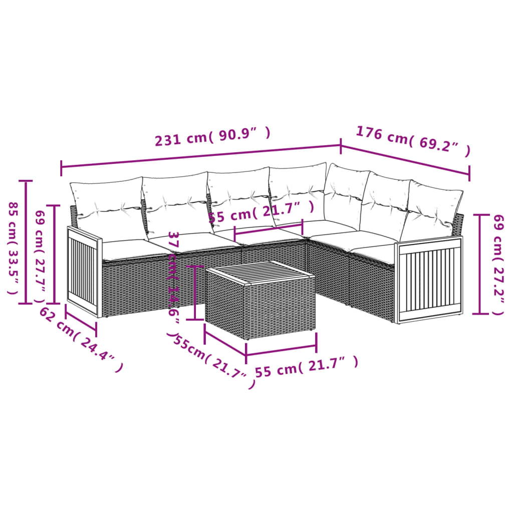 7-delige tuinbankset met kussens, grijs polyrotan