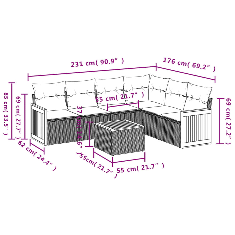 7-delige tuinbankset met kussens, grijs polyrotan