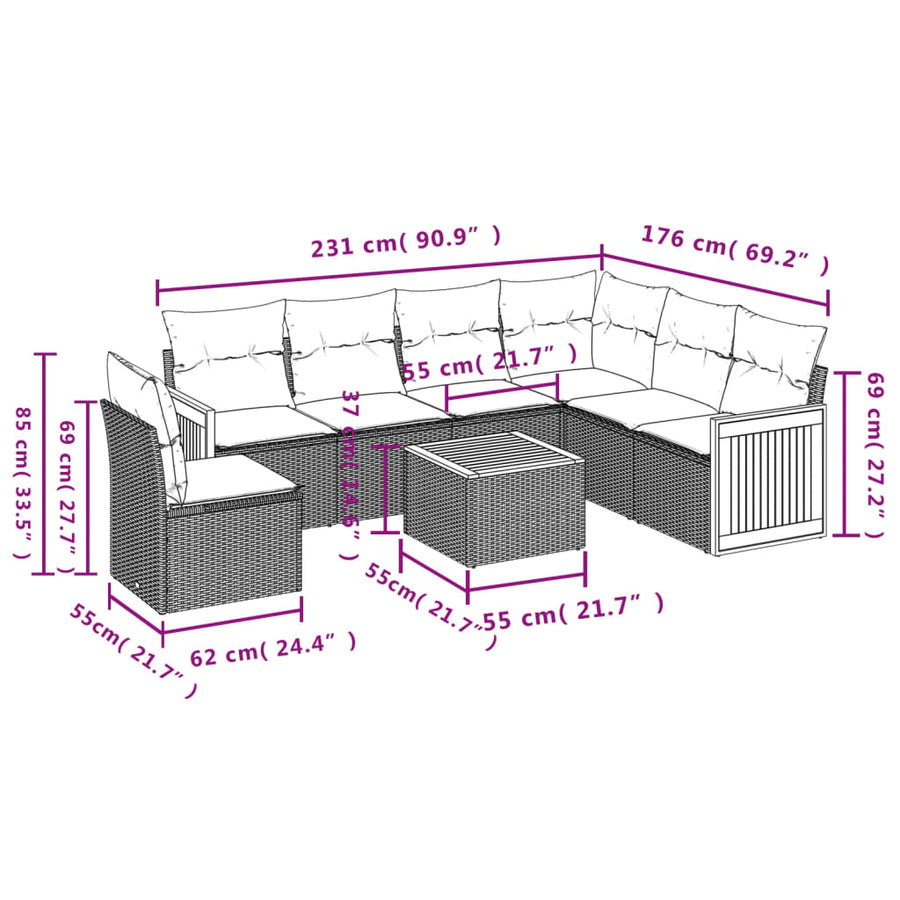7-Delige Loungeset Met Kussens Poly Rattan Grijs