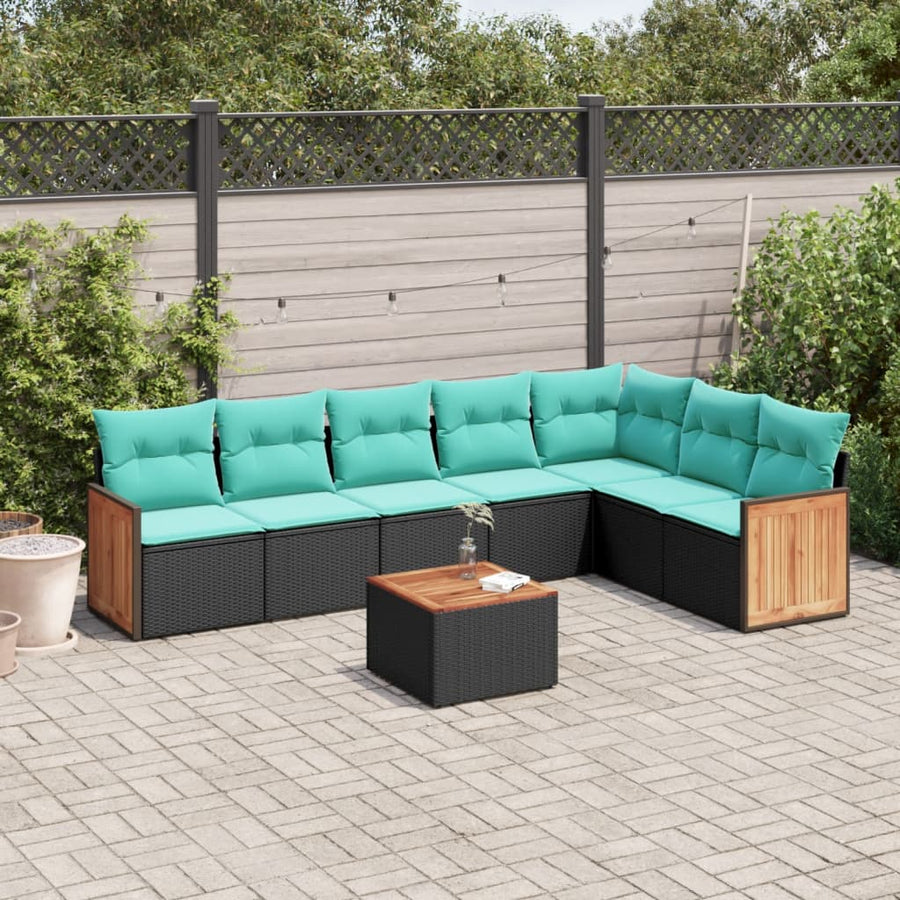 8-delige tuinbankset met kussens, zwart polyrotan