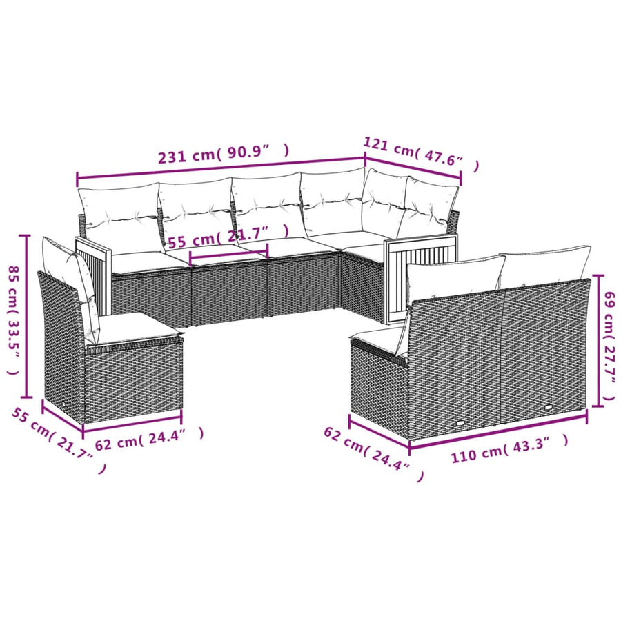 8-Delige Loungeset Met Kussens Poly Rattan Grijs
