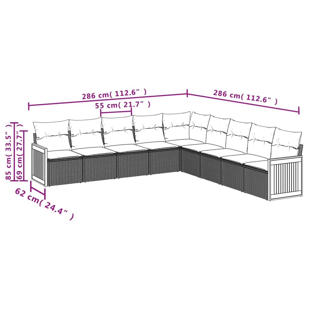 9-Delige Loungeset Met Kussens Poly Rattan Zwart