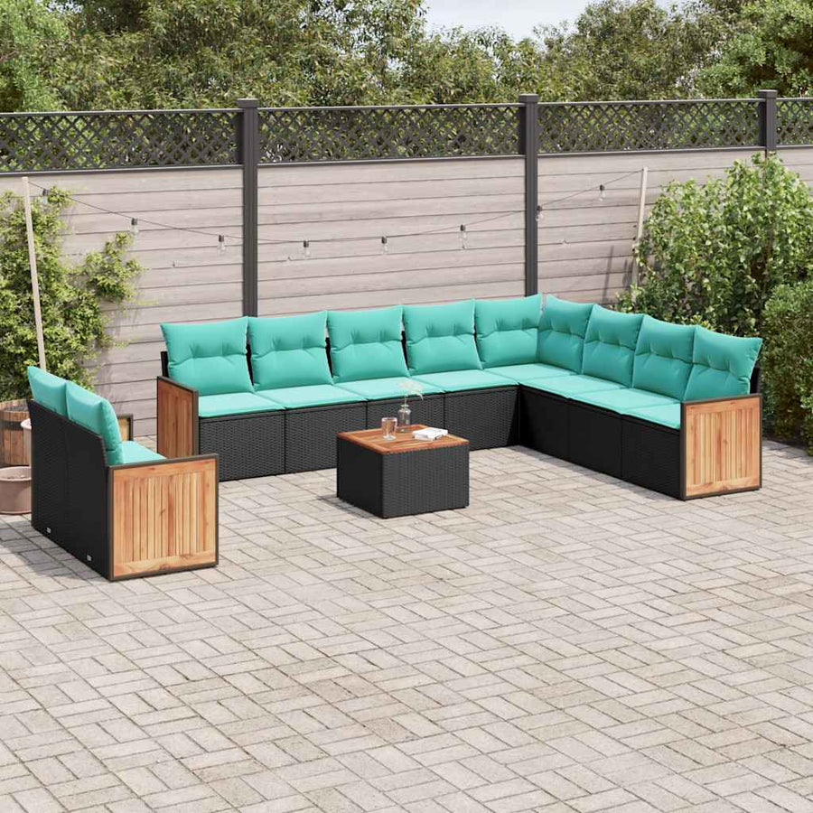 11-delige tuinbankset met kussens, zwart polyrotan