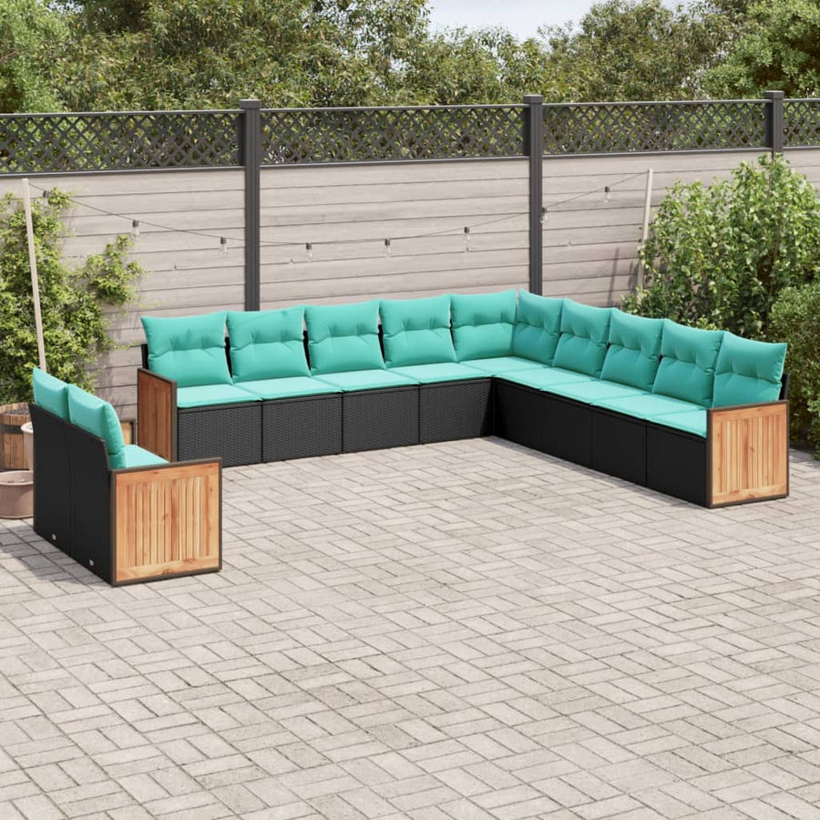 11-delige tuinbankset met kussens, zwart polyrotan