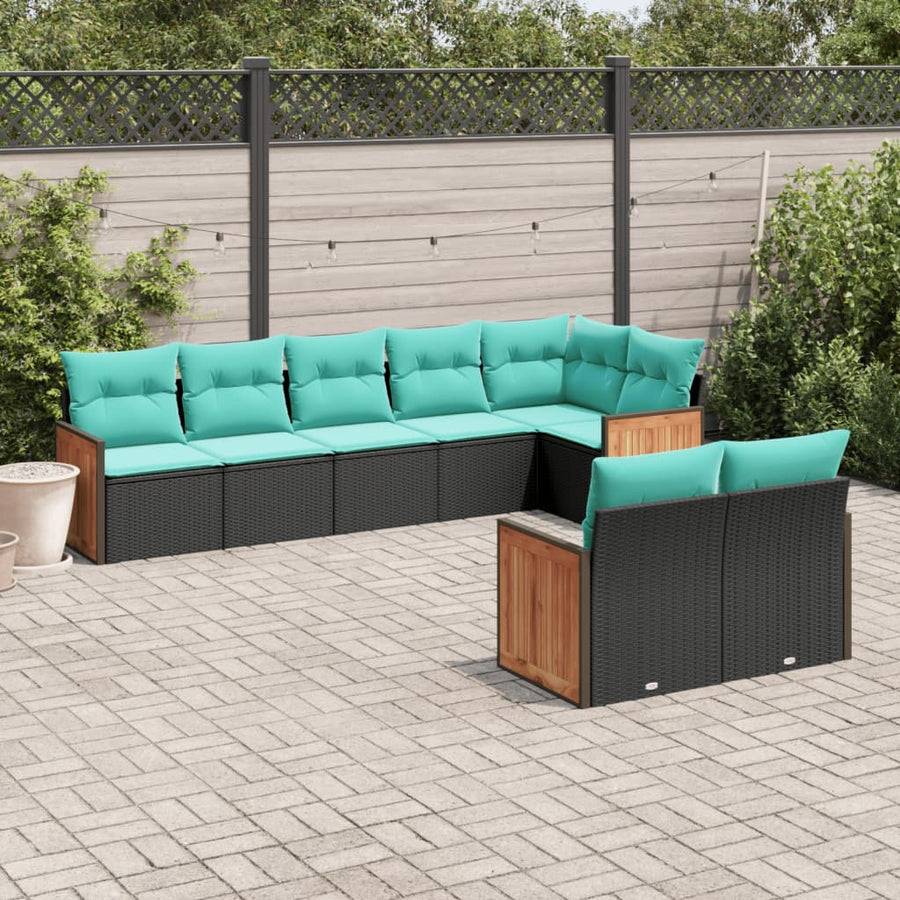 8-delige tuinbankset met kussens, zwart polyrotan