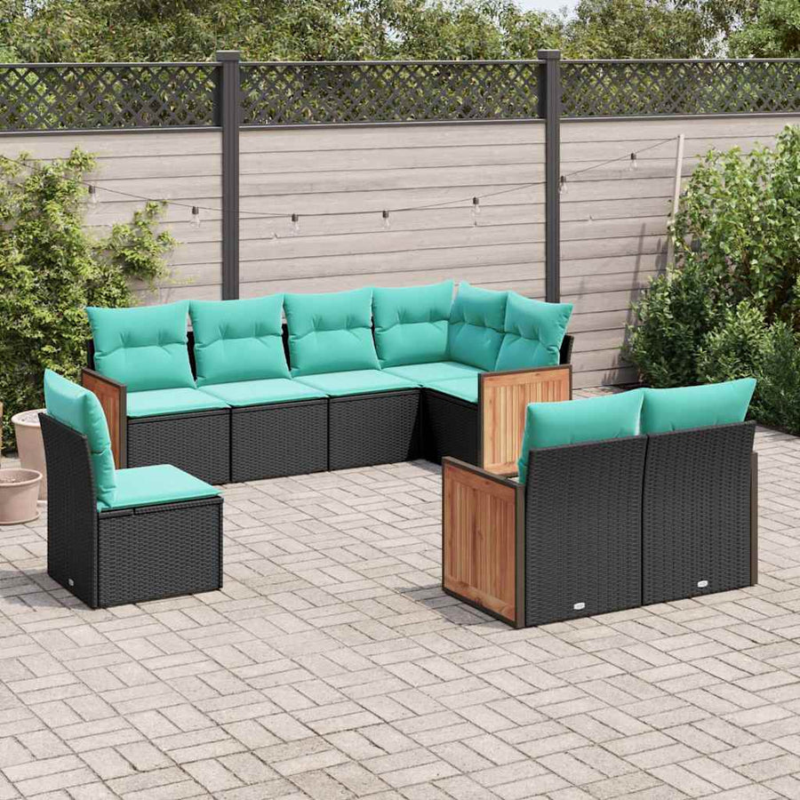 8-delige tuinbankset met kussens, zwart polyrotan