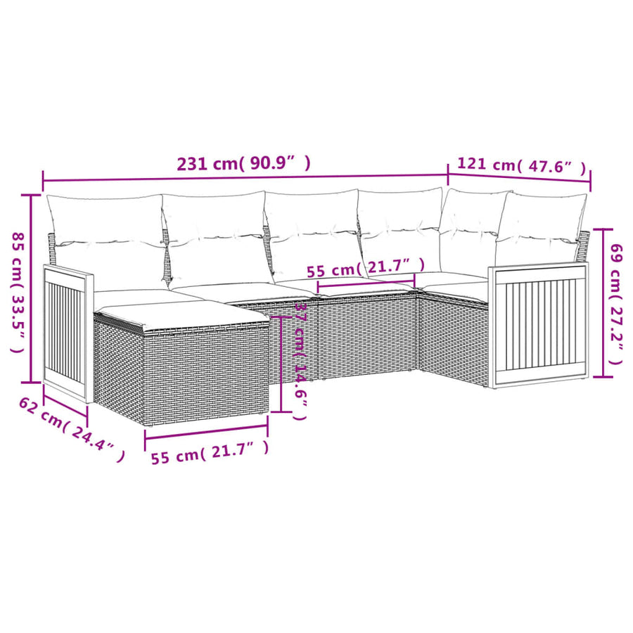 6-delige Loungeset met kussens poly rattan beige
