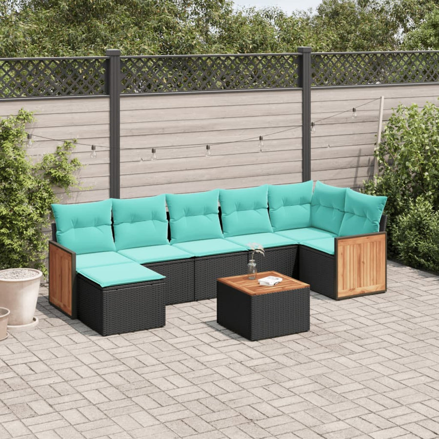 8-delige tuinbankset met kussens, zwart polyrotan
