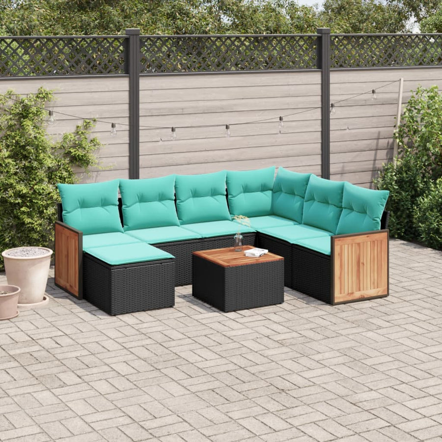 8-delige tuinbankset met kussens, zwart polyrotan