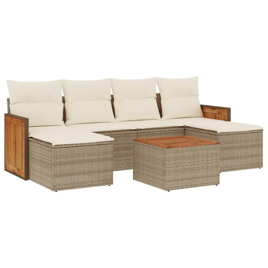 7-delige Loungeset met kussens poly rattan beige
