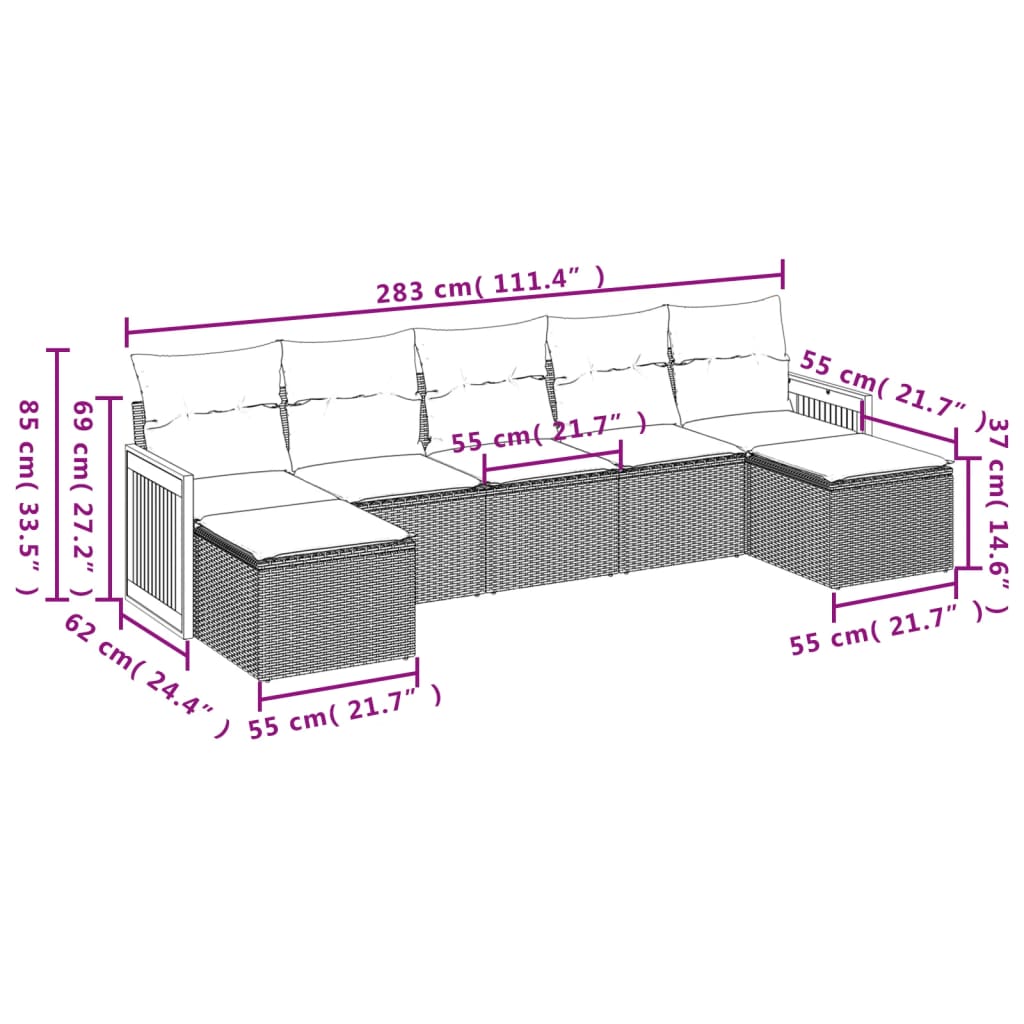 7-Delige Loungeset Met Kussens Poly Rattan Zwart