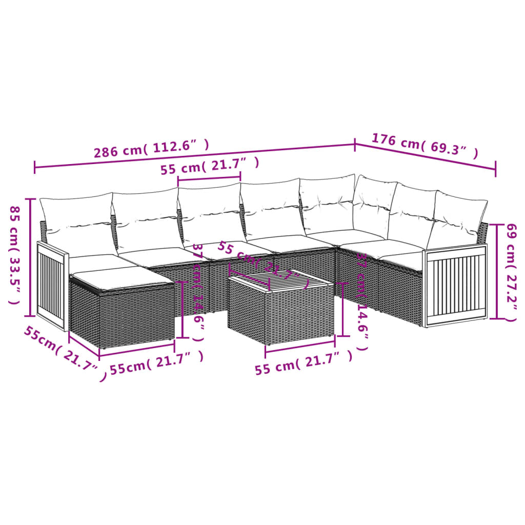 9-Delige Loungeset Met Kussens Poly Rattan Grijs