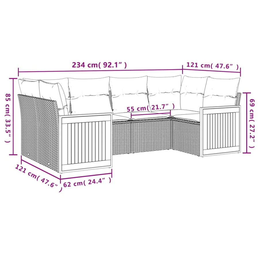 6-delige Loungeset met kussens poly rattan beige