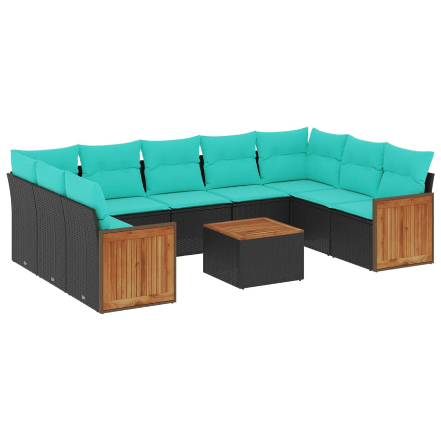 10-delige tuinbankset met kussens van zwart polyrotan