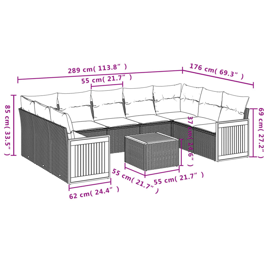 10-Delige Loungeset Met Kussens Poly Rattan Beige