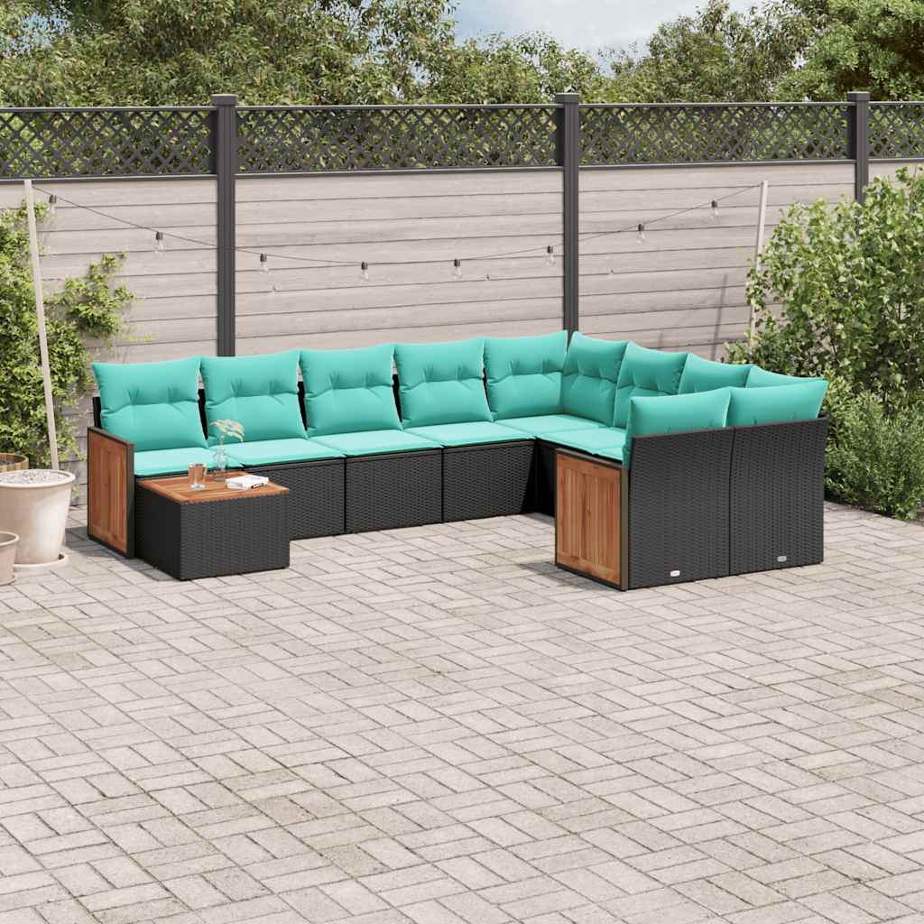 10-delige tuinbankset met kussens van zwart polyrotan