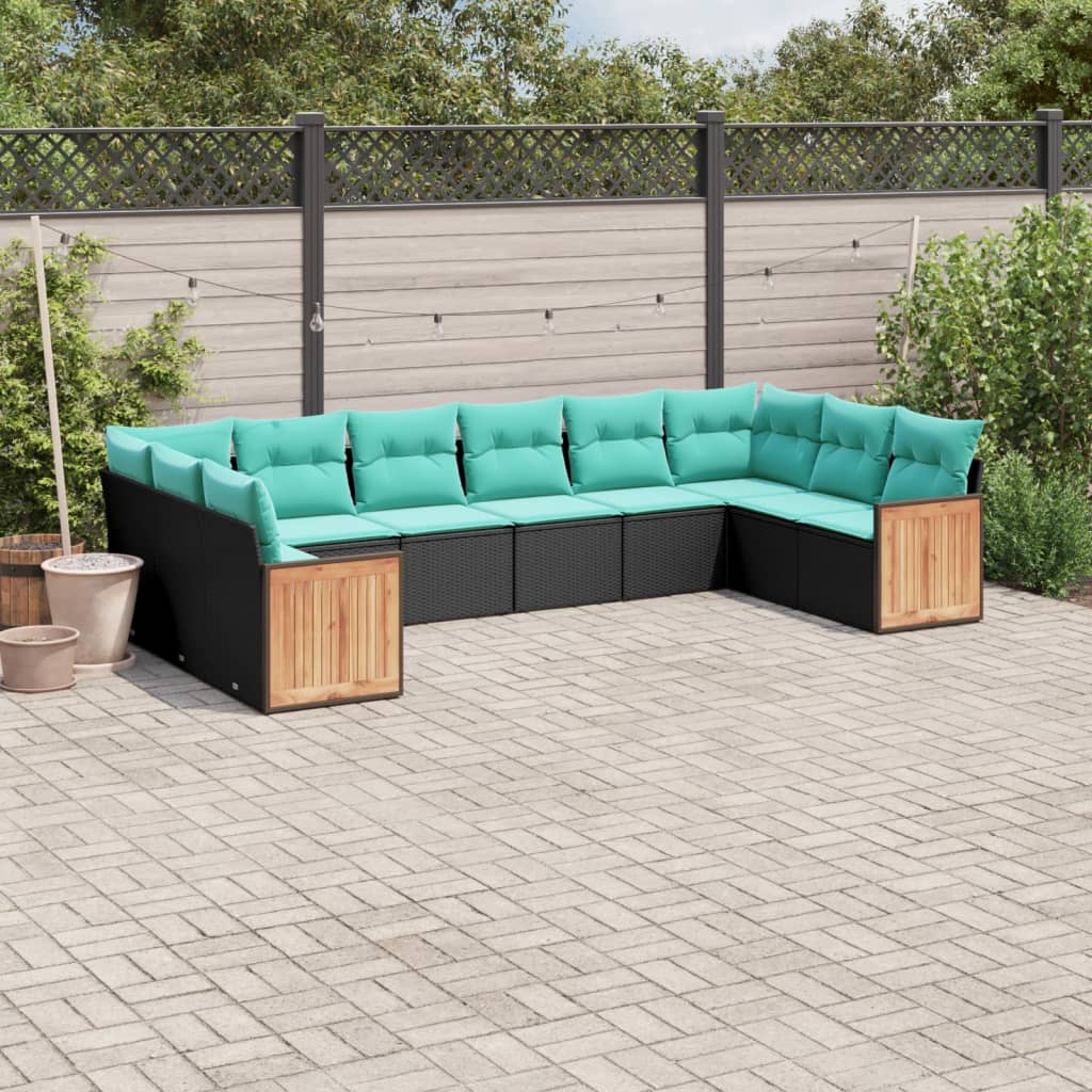 10-delige tuinbankset met kussens van zwart polyrotan
