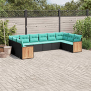 Tuinbankset 10-delig polyrotan zwart met kussens