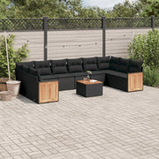 Loungeset 11-delig poly rattan zwart acaciahout