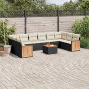 Loungeset 11-delig poly rattan zwart met kussens
