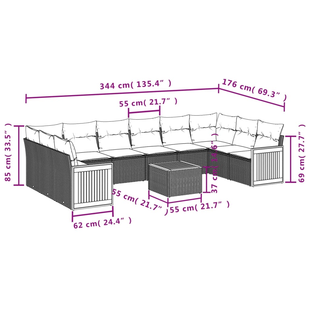 11-delige tuinbankset met kussens, zwart polyrotan