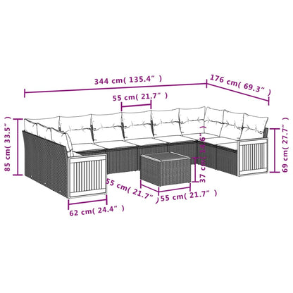 11-delige tuinbankset met kussens, zwart polyrotan