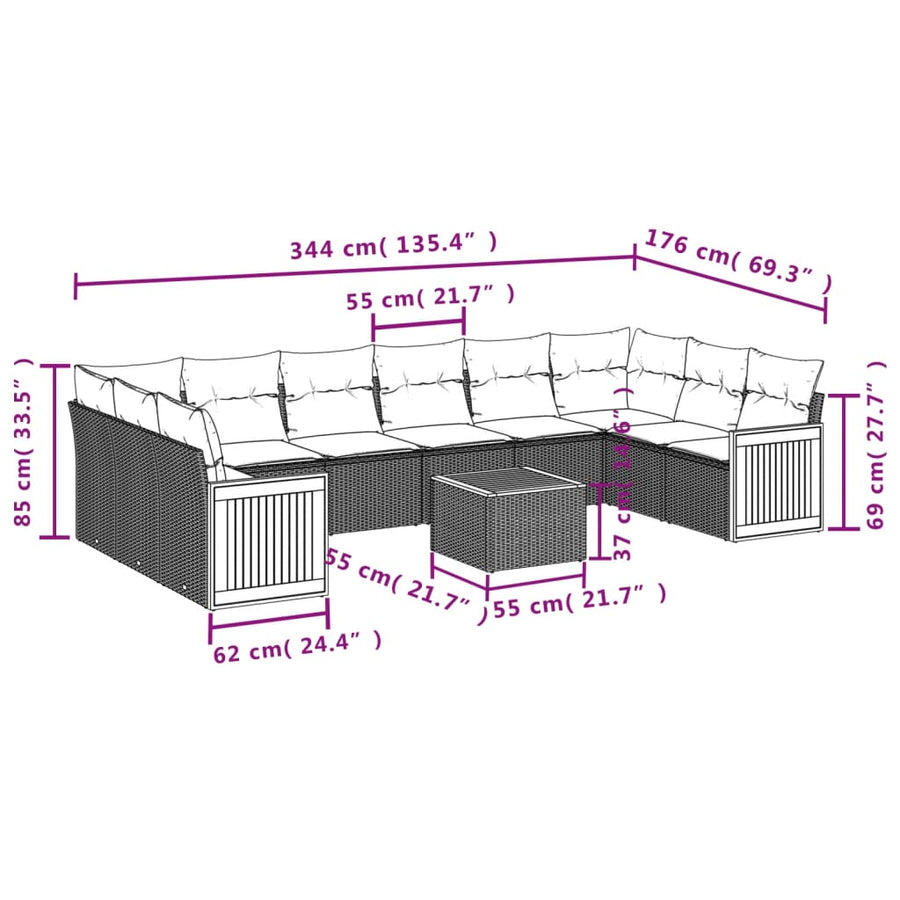 11-delige tuinbankset met kussens, zwart polyrotan