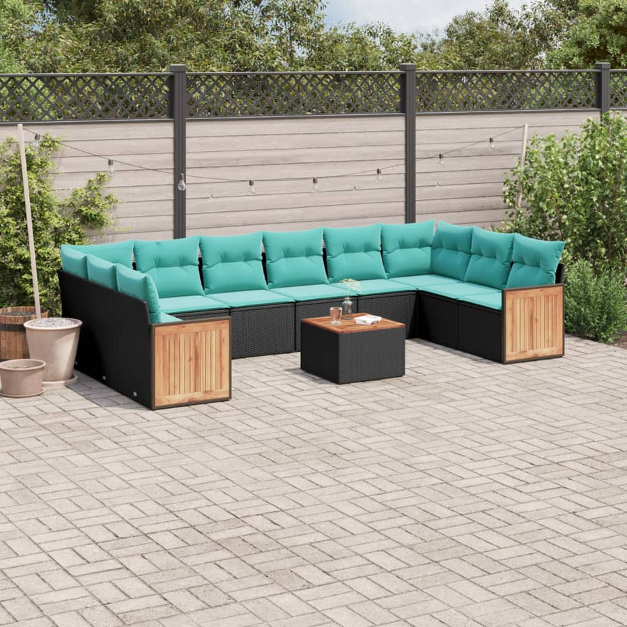 11-delige tuinbankset met kussens, zwart polyrotan