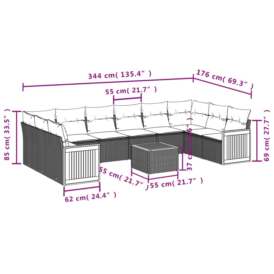 11-Delige Tuinset Met Kussens Poly Rattan Beige