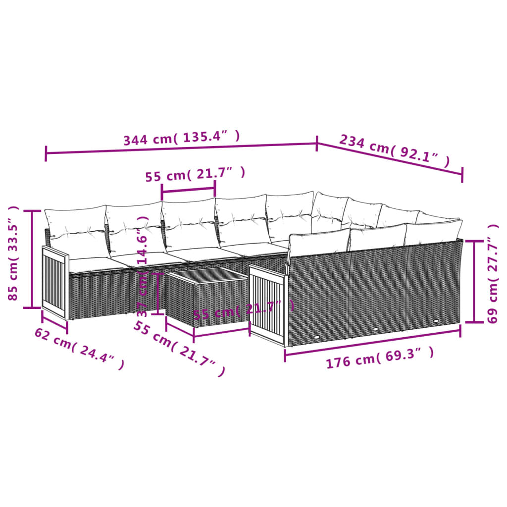 11-delige tuinbankset met kussens, zwart polyrotan