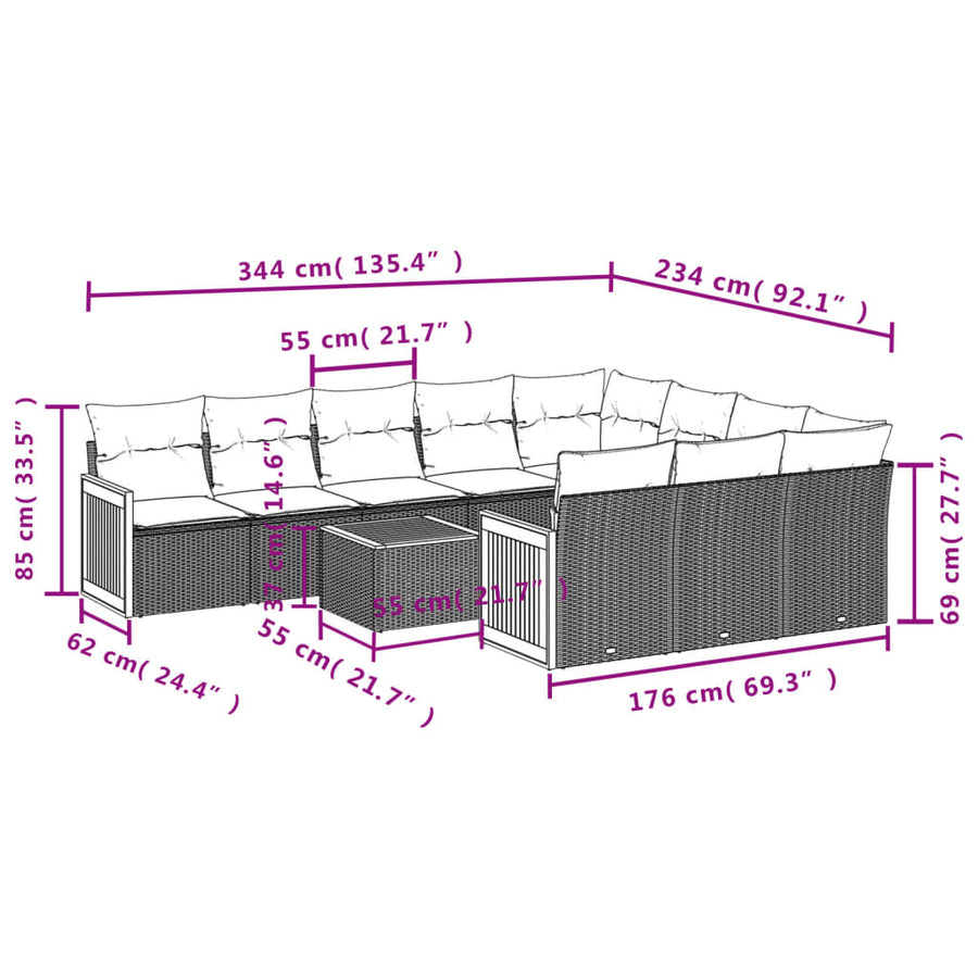 11-delige tuinbankset met kussens, zwart polyrotan
