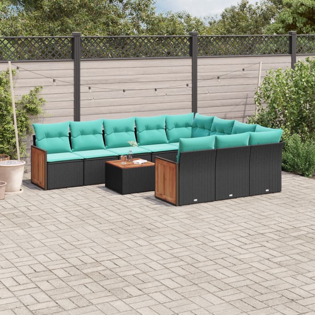 11-delige tuinbankset met kussens, zwart polyrotan