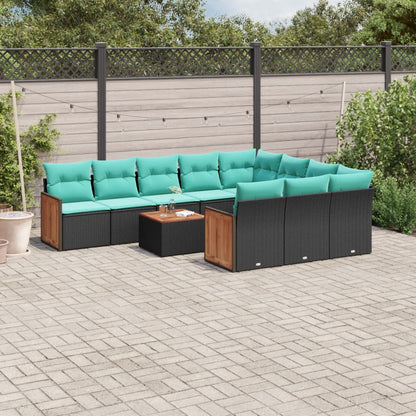 11-delige tuinbankset met kussens, zwart polyrotan