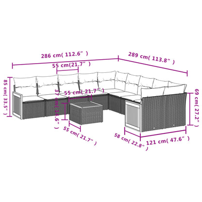 11-delige tuinbankset met kussens, zwart polyrotan