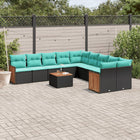 11-piece garden sofa set with cushions, black poly rattan