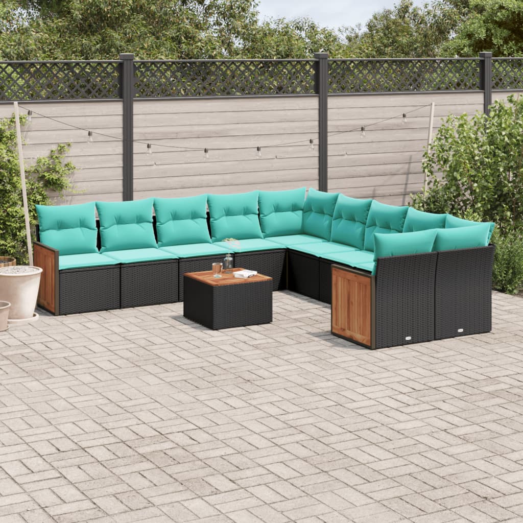 11-delige tuinbankset met kussens, zwart polyrotan