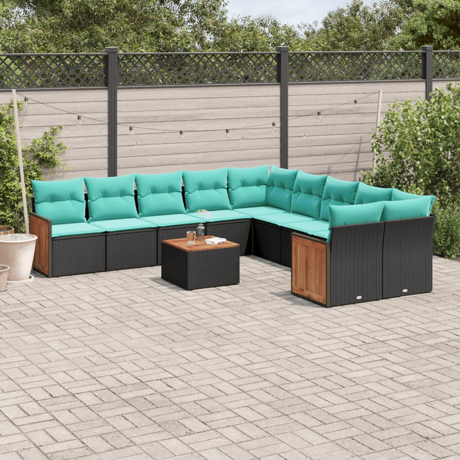 11-delige tuinbankset met kussens, zwart polyrotan
