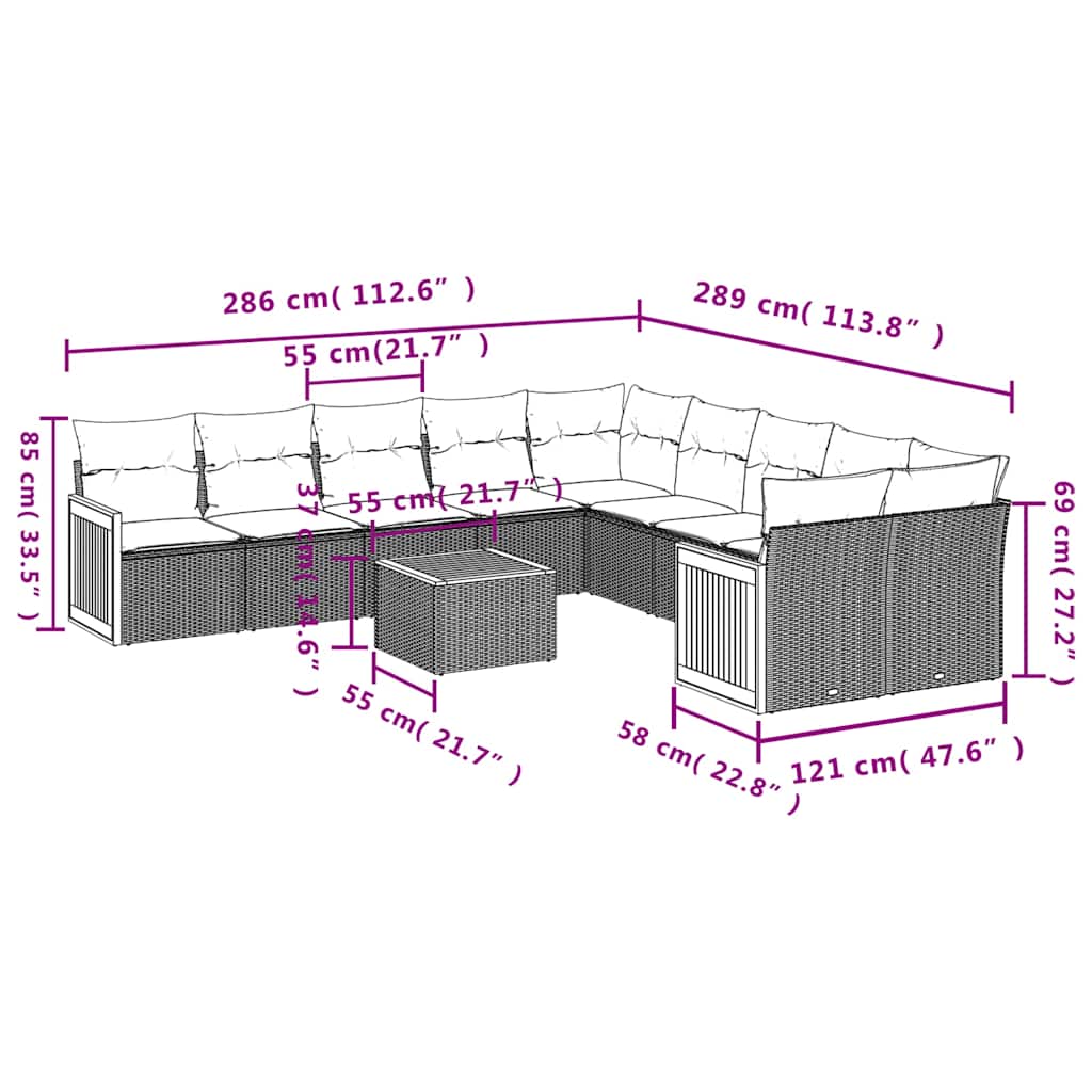 11-delige tuinbankset met kussens, grijs polyrotan