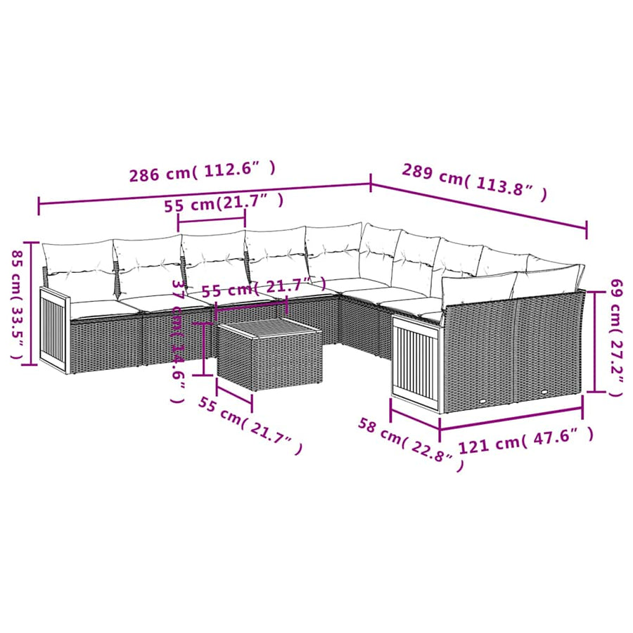 11-delige tuinbankset met kussens, grijs polyrotan