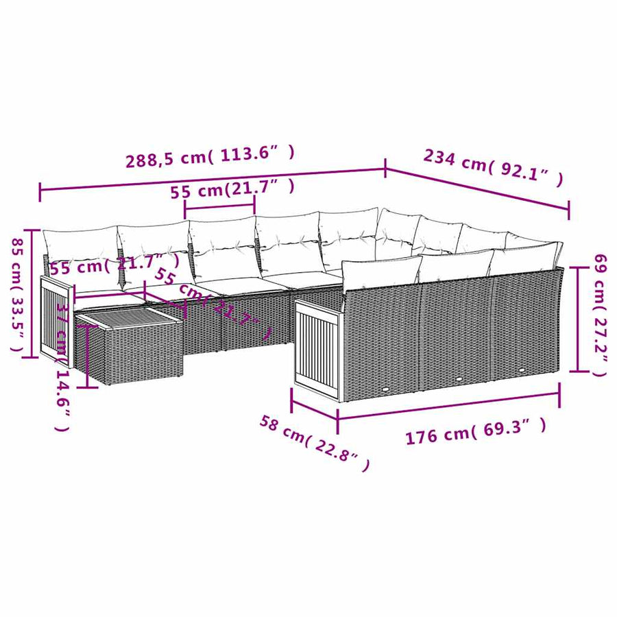 11-delige tuinbankset met kussens, zwart polyrotan