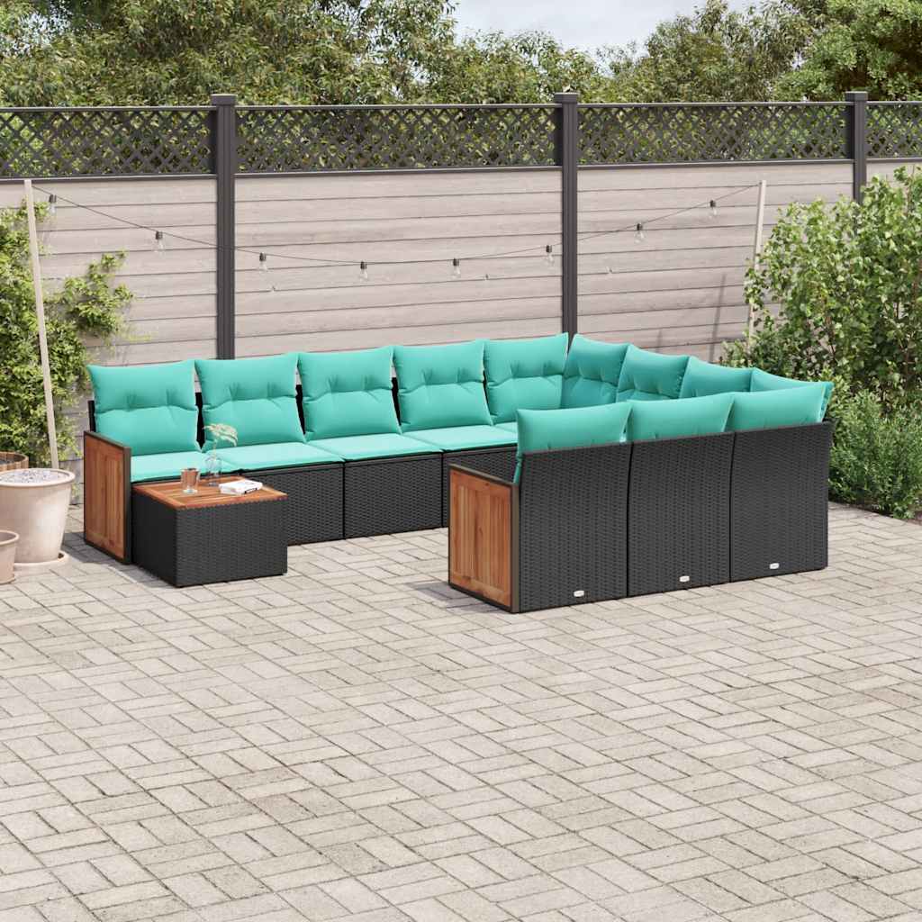 11-delige tuinbankset met kussens, zwart polyrotan