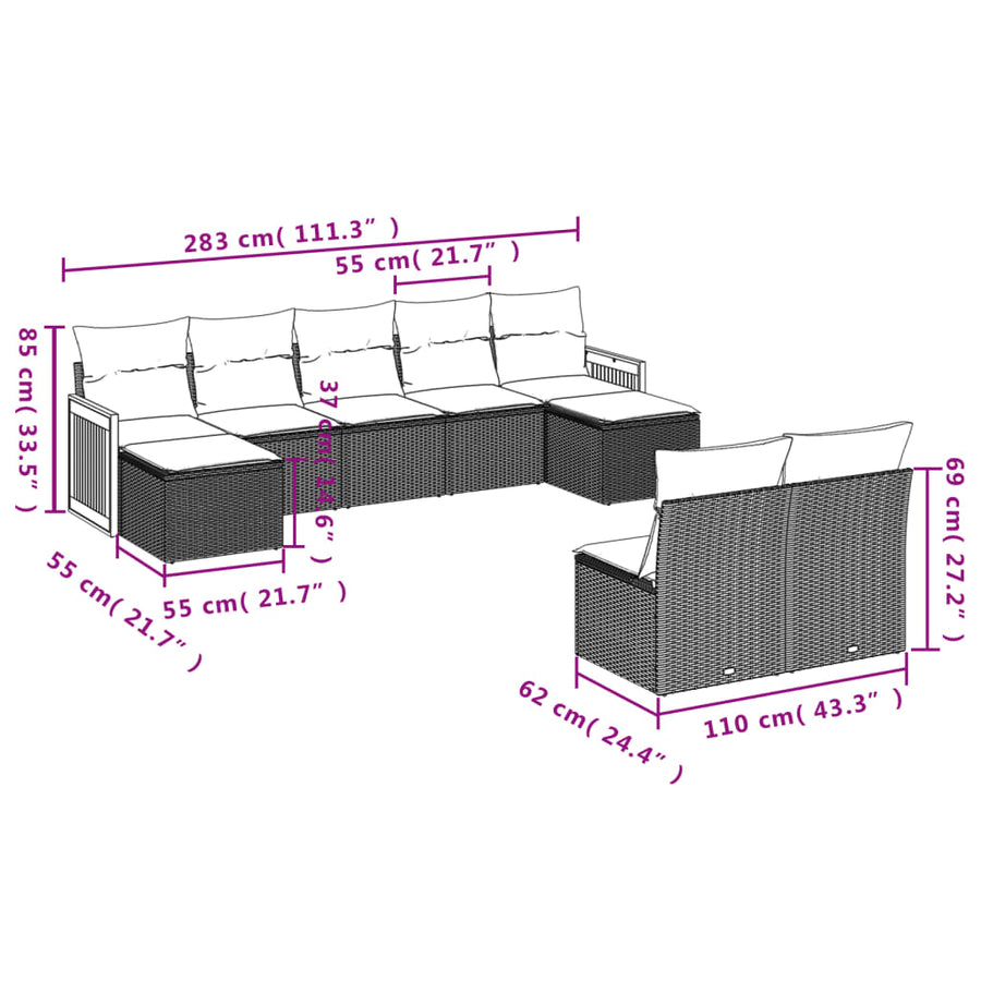 9-Delige Loungeset Met Kussens Poly Rattan Zwart