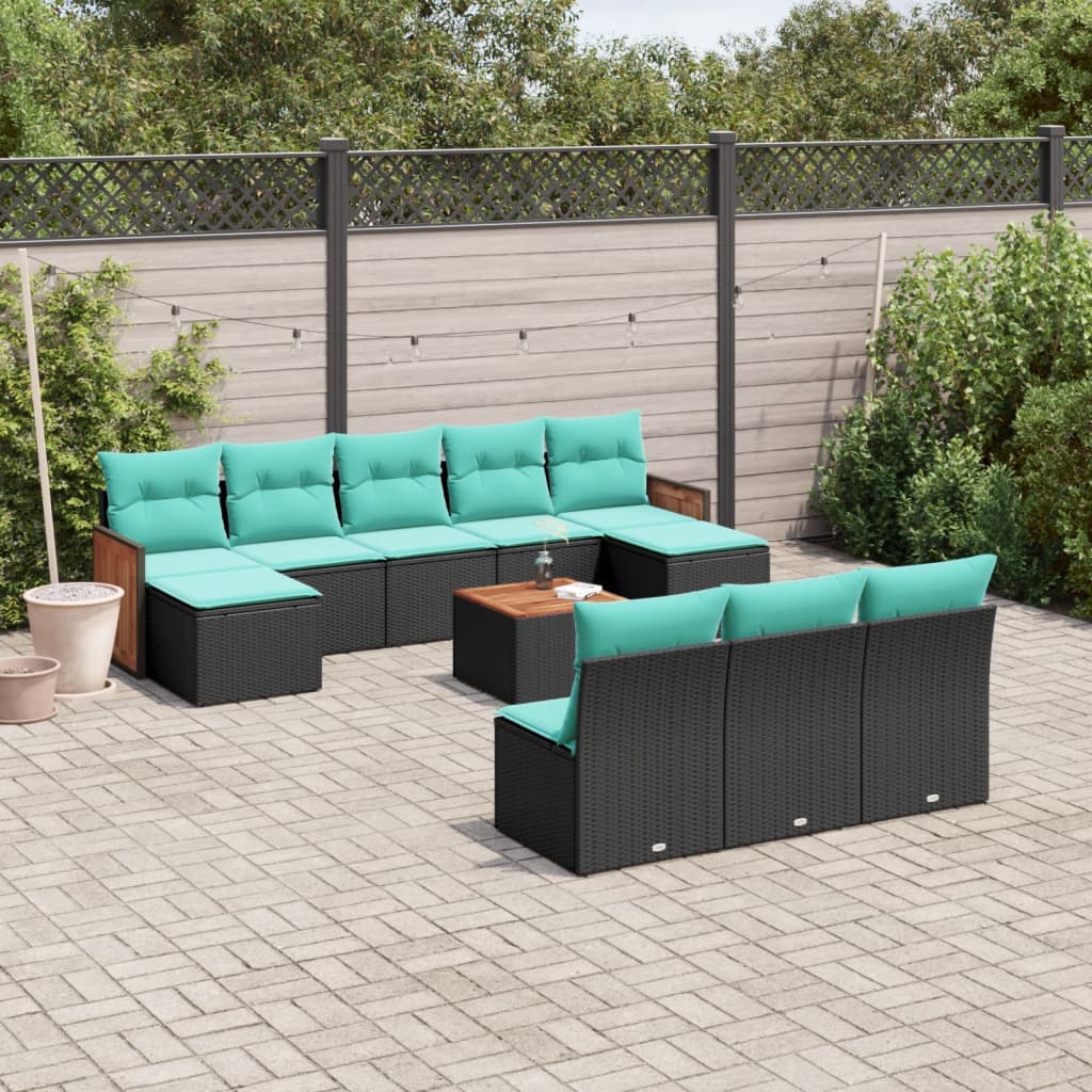 11-delige tuinbankset met kussens, zwart polyrotan