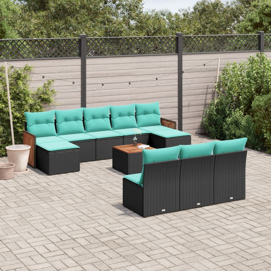 11-delige tuinbankset met kussens, zwart polyrotan