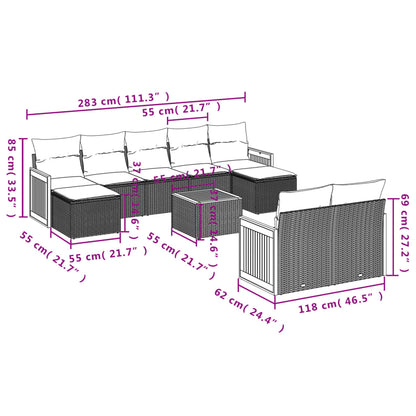 10-delige tuinbankset met kussens, grijs polyrotan